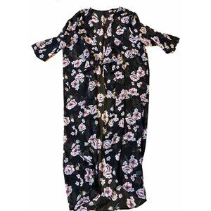 Kimono Sheer Floral 3X Maxi Ruffle Black Pink Summer Cover